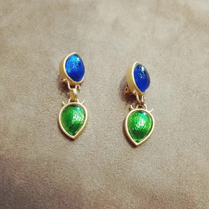 silver stud earrings for women custom -Rima Ariss Green Blue Foil Glass Clip On Drop earrings