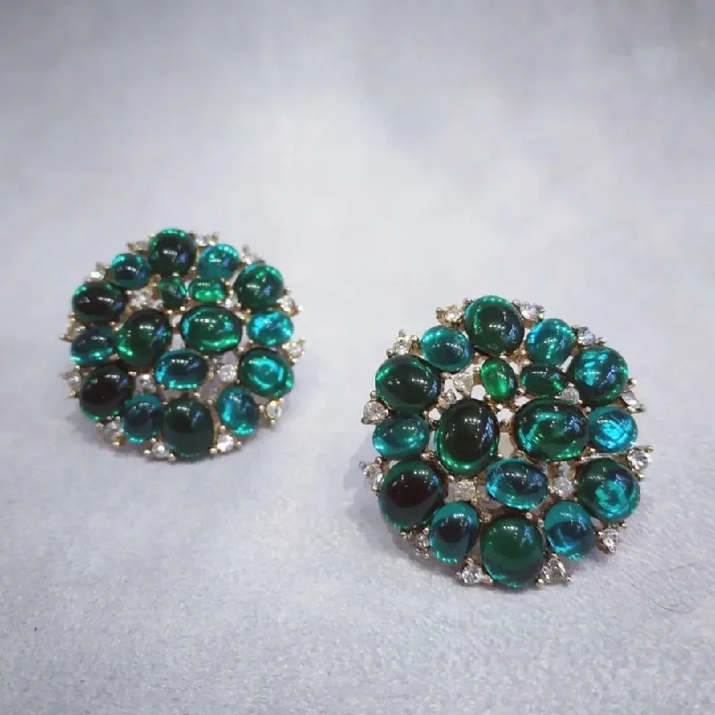 ladies gold earrings bee motifs -Trifari Vintage Emerald Green glass cabochon cluster clip on earrings