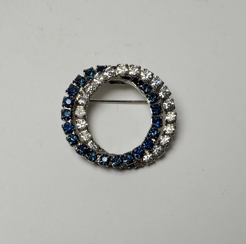 gold starburst brooch for women -Vintage Silver Hoops Brooch with Clear and Blue Crystals