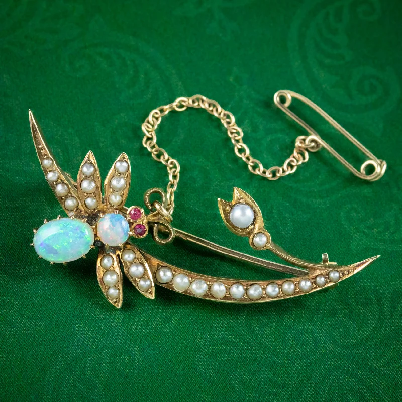 minimalist heart brooch for women -Antique Victorian Opal Pearl Bee And Crescent Brooch 15ct Gold