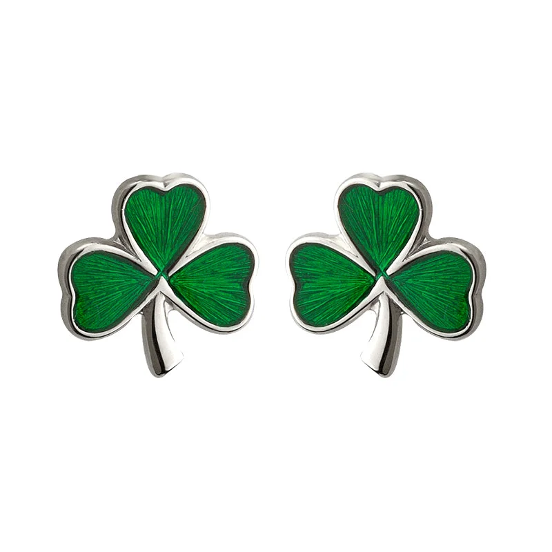 stylish silver earrings for women online -Silver Small Enamel Shamrock Stud Earrings