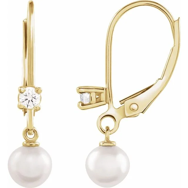 ladies rose gold earrings triangles -14K White or Yellow Gold Cultured White Akoya Pearl & 1/8 Natural Diamond Lever Back Earrings