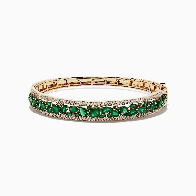 Ladies futuristic shine bracelets -Brasilica 14K Yellow Gold Emerald and Diamond Bangle, 6.81 TCW