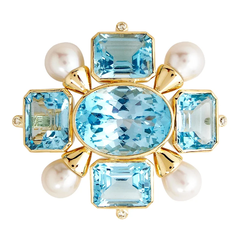 triple gem brooch for women -Brooch- Blue Topaz, Pearl And Diamond