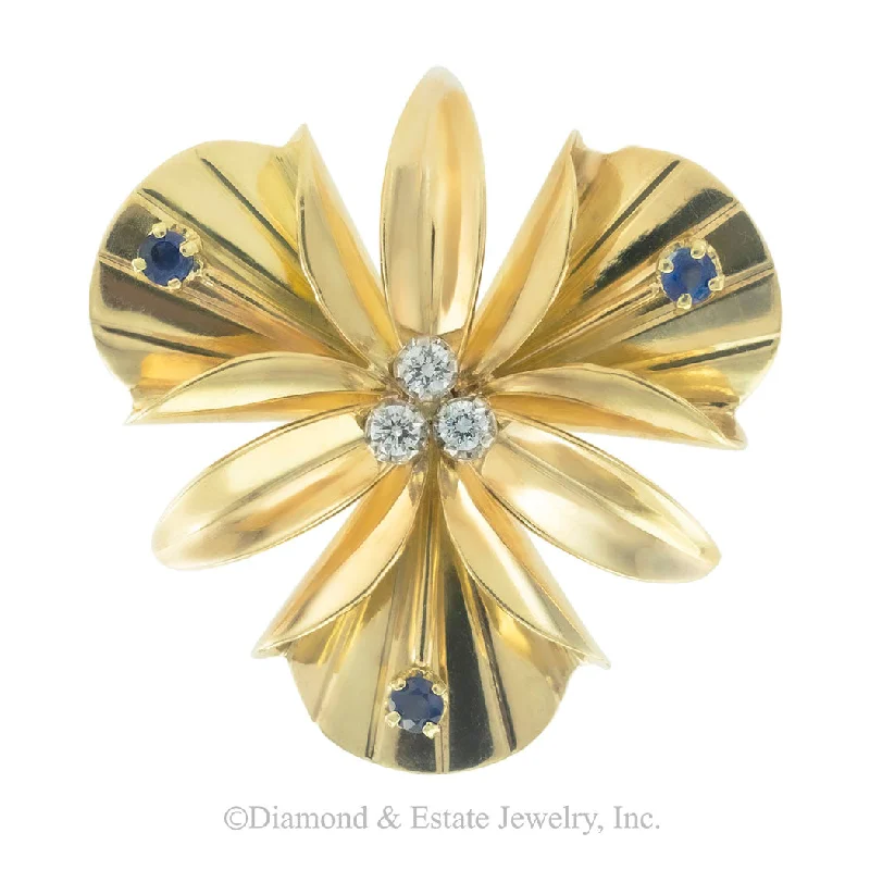 ladies rose gold brooch anniversary gift -Tiffany & Co Diamond Sapphire Yellow Gold Orchid Brooch