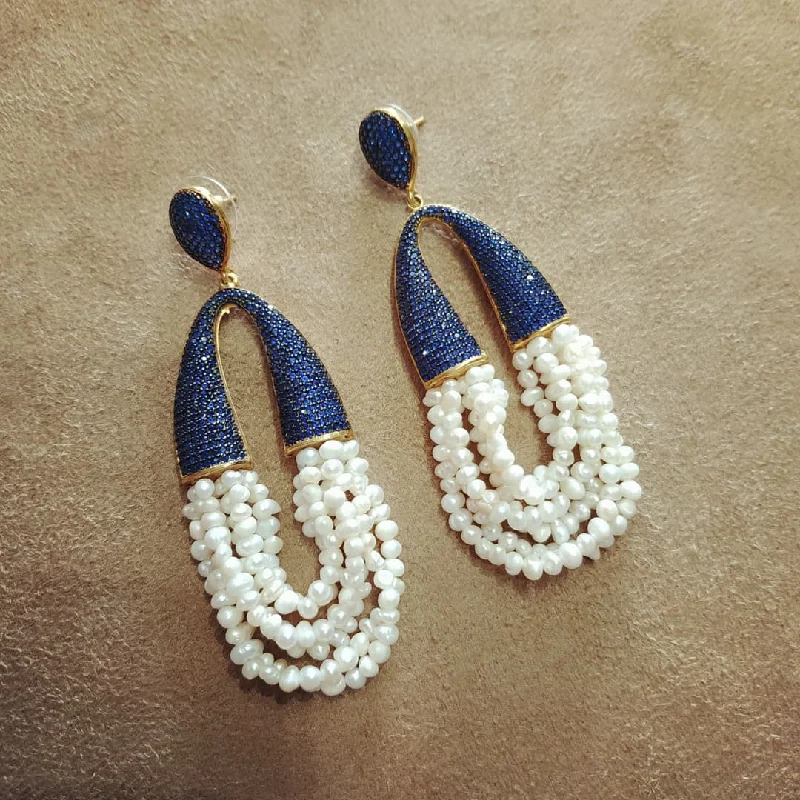 ladies white gold earrings elegant -waterfall pearl and sapphire crystal pave earrings