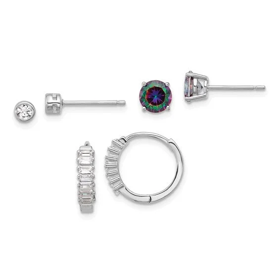 ladies earrings opal inlays -Sterling Silver Mystic Topaz, CZ  and Hoop 3 Pair Earrings Set