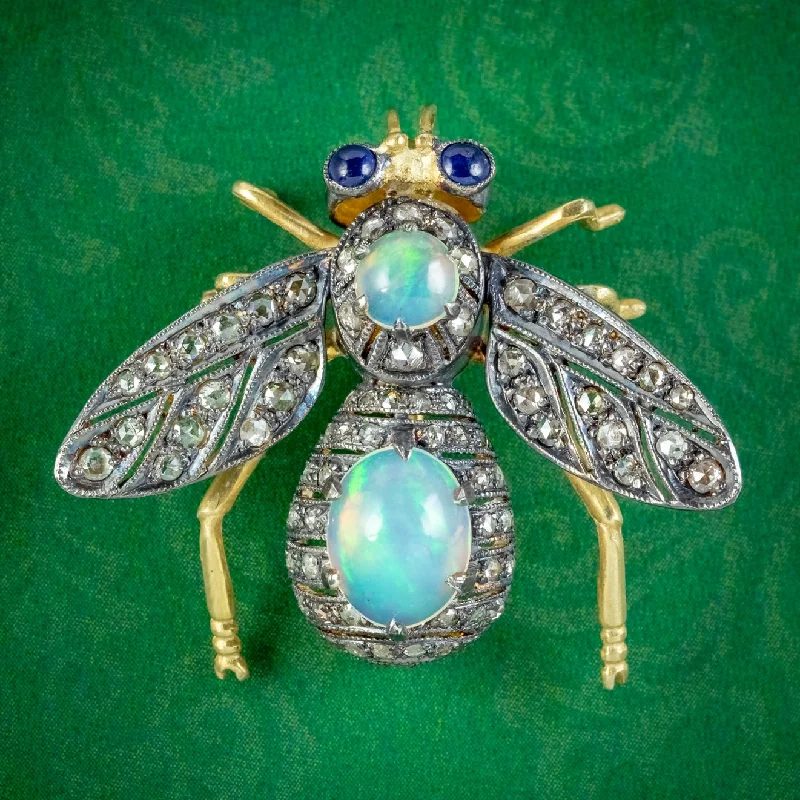 ladies brooch twisted edges -Edwardian Style Opal Diamond Sapphire Bee Brooch Silver 18ct Gold