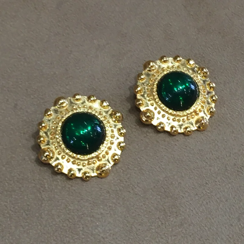 pearl drop earrings for women -Vintage  emerald green round glass Earrings