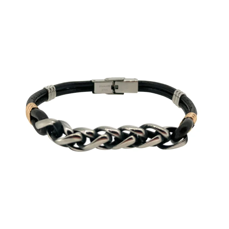 Ladies tender sentiment bracelets -Black Leather 2 Cord Bracelet With Stainless Steel Central Wheat Chain