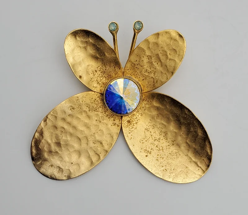 minimalist bar brooch for women -Vintage Hammered Gold Tone Butterfly with Faceted Holographic Foil Brooch