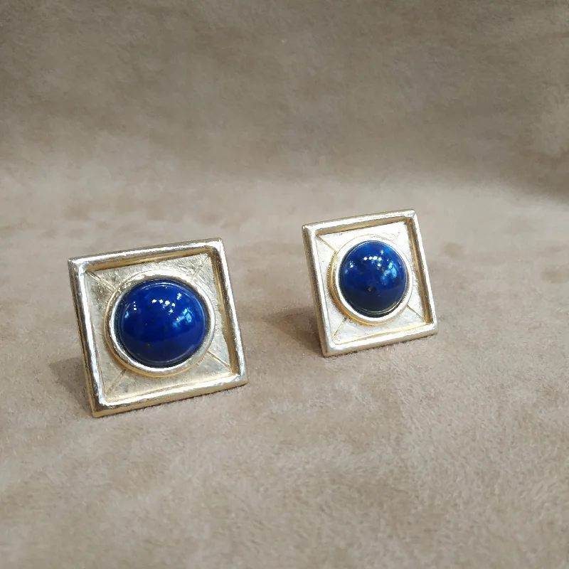 gold moon design earrings for women -Balenciaga Vintage Square Lapis glass earrings