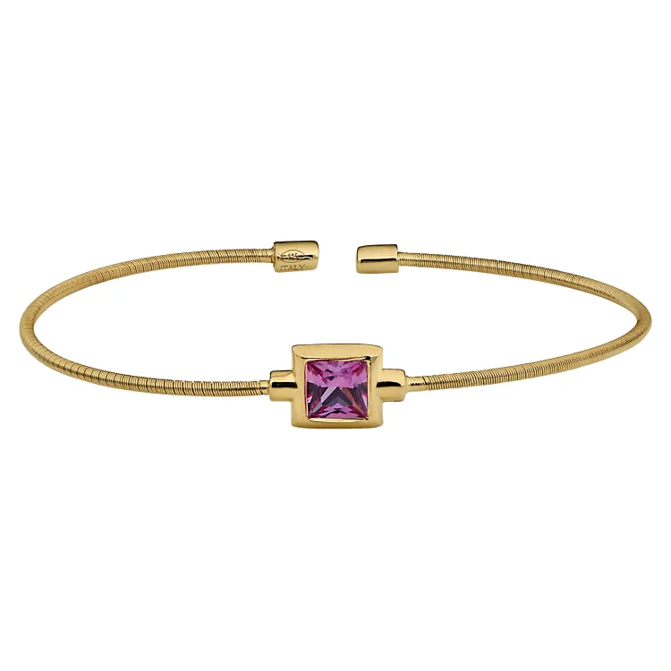 Ladies woodland charm bracelets -Gold Finish Sterling Silver Cable Cuff Bracelet with Princess Cut Simulated Ruby Birth Gem