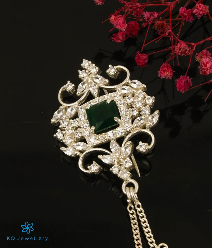 oxidized gold brooch for women -The Yuvraj Silver Pearl Brooch (Green/Bright Silver)