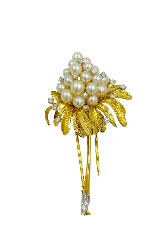 ladies gold brooch intricate patterns -Tiffany Pearl Diamond Yellow Gold Brooch