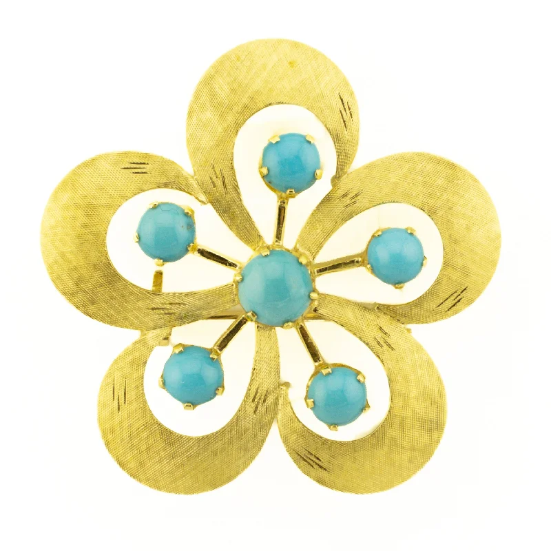 ladies gold brooch bee motifs -2.16ctw Turquoise Flower Brooch in 14K Yellow Gold