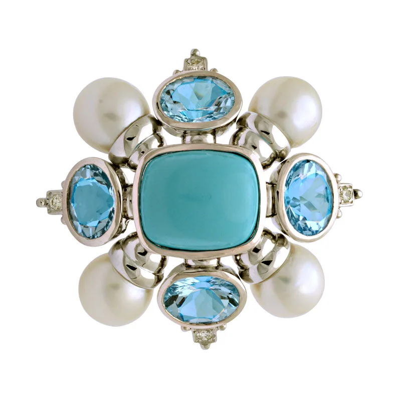 ladies gold brooch rabbit motifs -Brooch-Turquoise, Blue Topaz, South Sea Pearl and Diamond