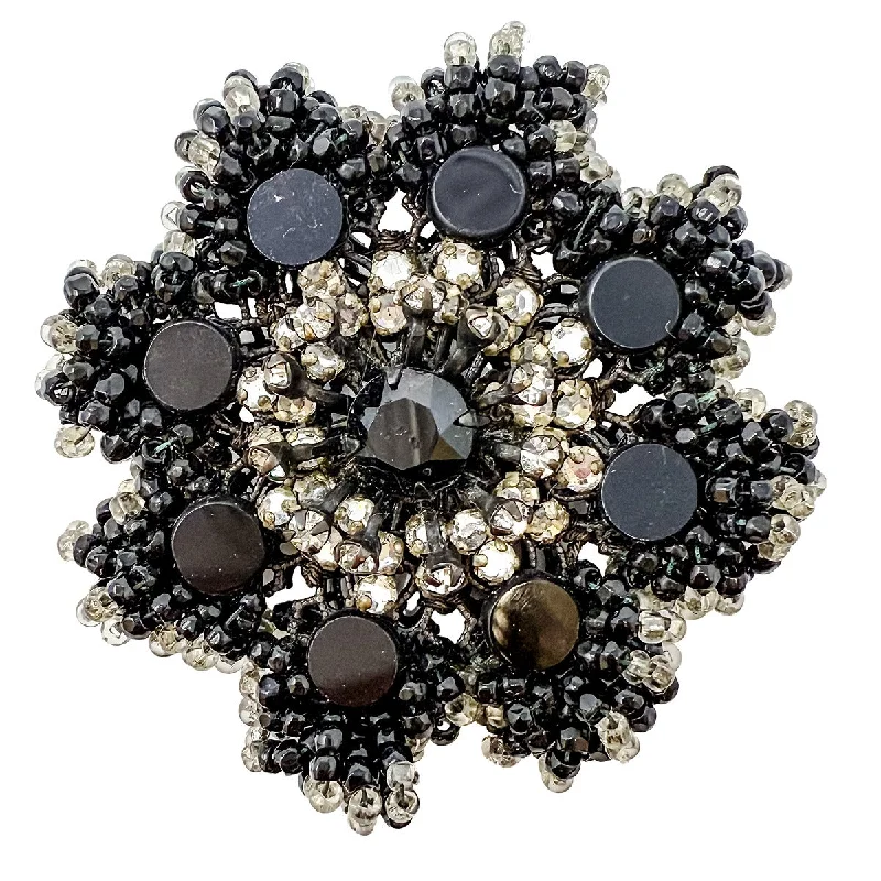 ladies brooch scalloped edges -Miriam Haskell Signed Black and Silver Beaded Brooch