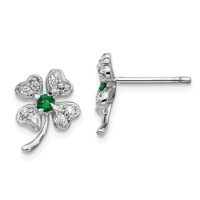 animal motif earrings for women -Cheryl M Sterling Silver Simulated Emerald & CZ 4-Leaf Clover Earrings