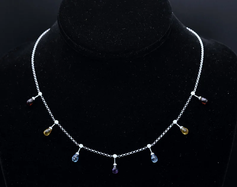 Astral shine necklaces -14K White Gold Diamonds, Blue Topaz, Red Garnet, Amethyst and Citrine Chain Necklace - 16.5"