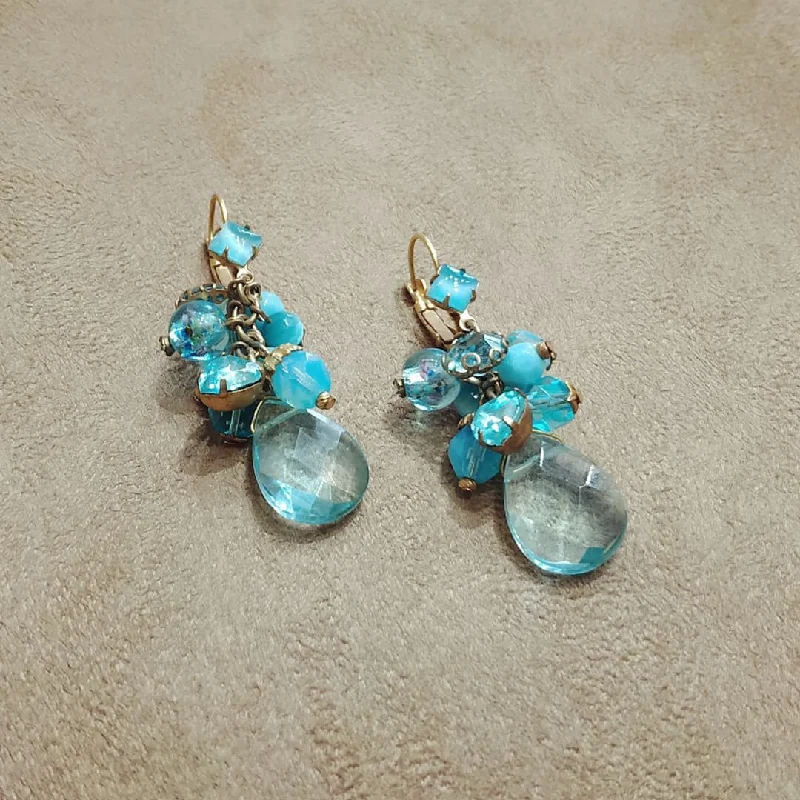 ladies silver earrings kunzite stones -Askew London Blue Turquoise Dangling Charm Drop Earrings Gold Plated Vintage Glass Crystal