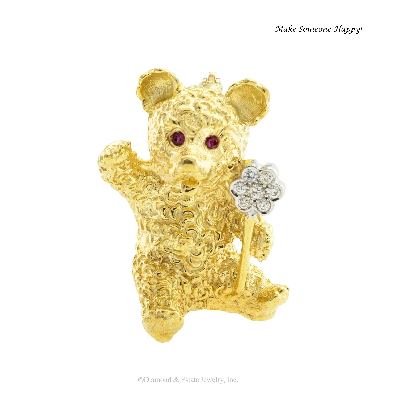 crystal brooch for women sparkling -Diamond Ruby Yellow Gold Teddy Bear Brooch