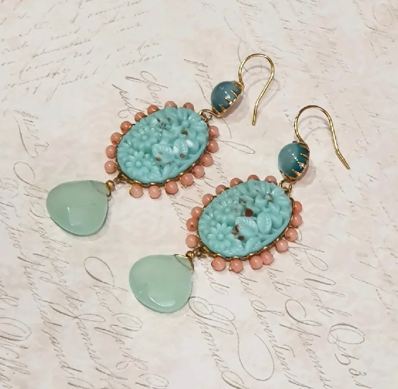 ladies yellow gold earrings hoops -Askew Coral Turquoise Blue Drop Earrings Gold Plated