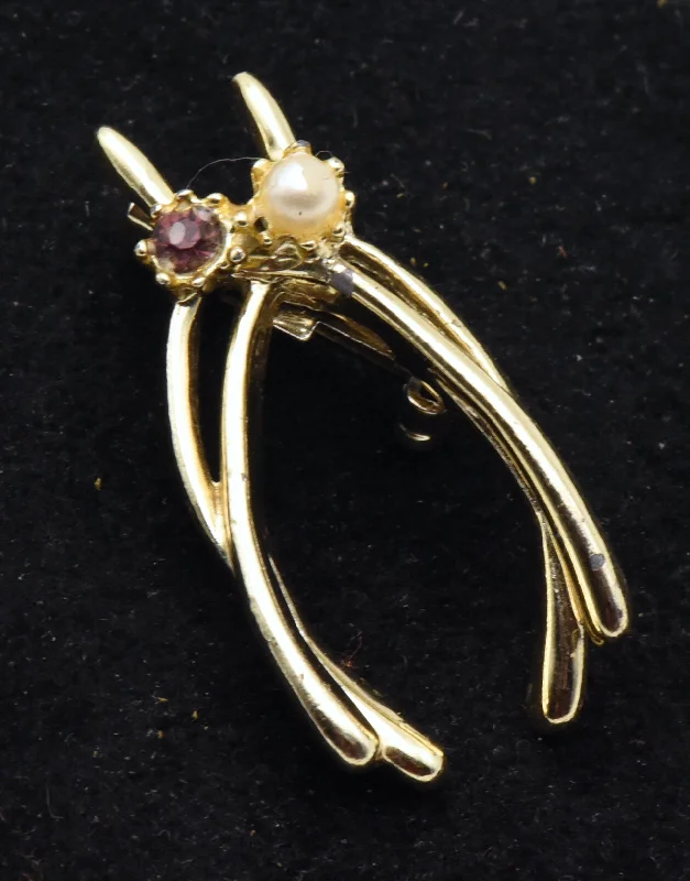 ladies yellow gold brooch beads -Vintage Gold Tone Double Wishbone Brooch