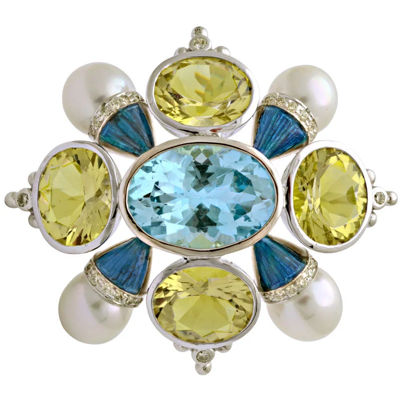 minimalist hoop brooch for women -Brooch-Blue Topaz, Lemon Quartz, South Sea Pearl and Diamond (Enamel)