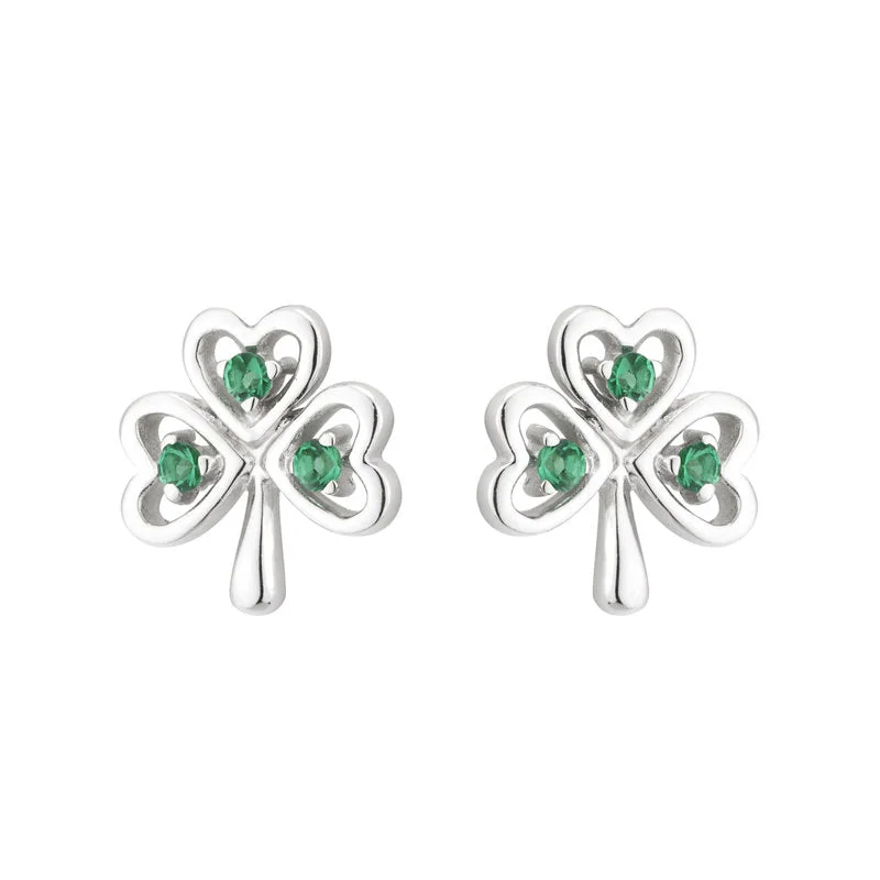 vintage earrings for women retro design -Sterling Silver Crystal Shamrock Stud Earrings