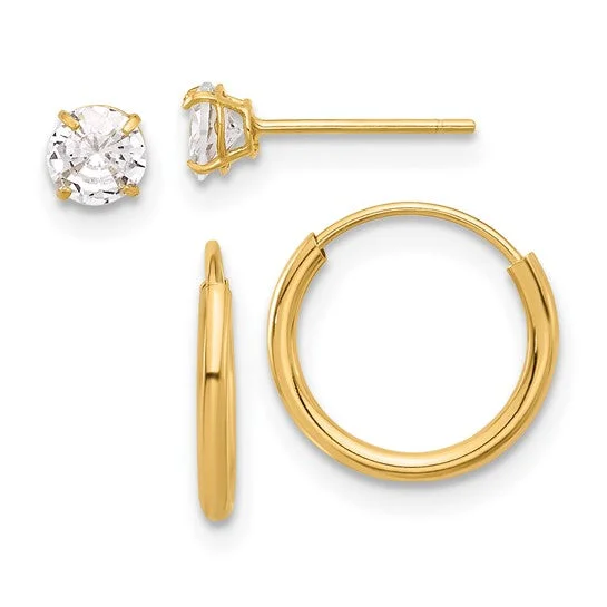 rose gold hexagon earrings for women -14K Gold 5mm CZ Studs and Small Endless Hoop Earrings Set