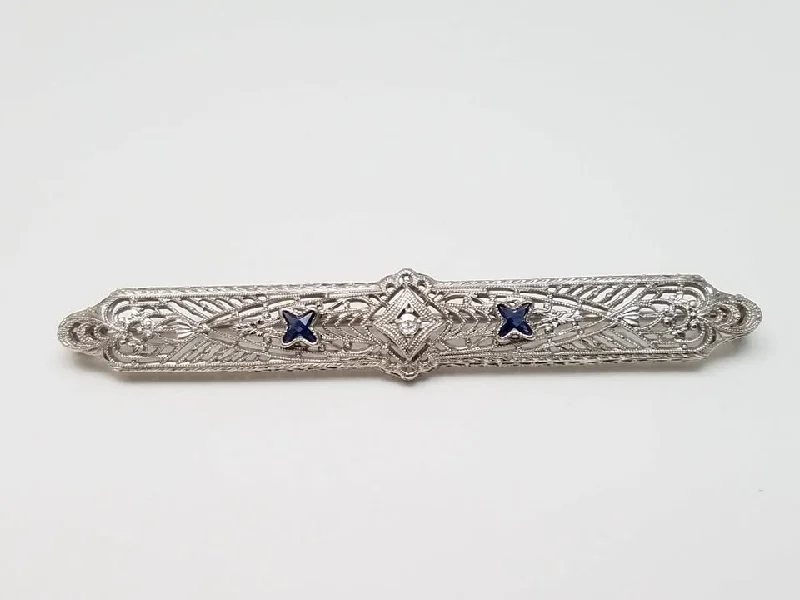 chain detail brooch for women -1930's Art Deco 14k White Gold Natural Diamond & Synthetic Sapphire Brooch Pin