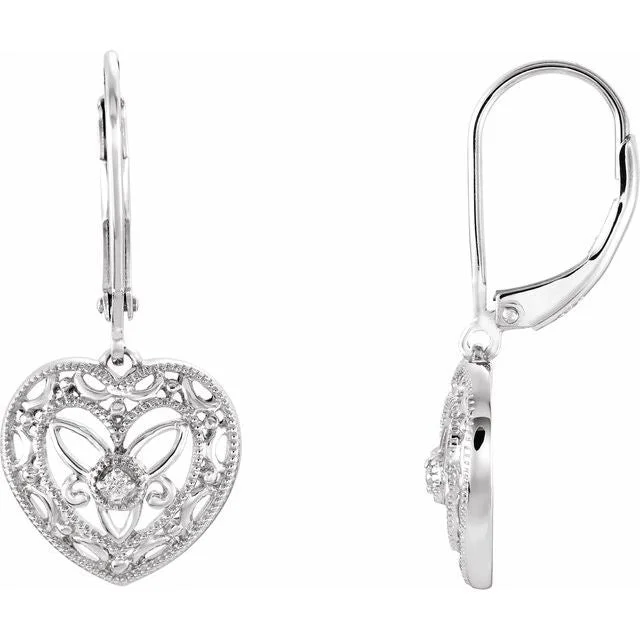 ladies gem earrings ocean themes -Sterling Silver .02 CTW Diamond Lever Back Filigree Heart Earrings