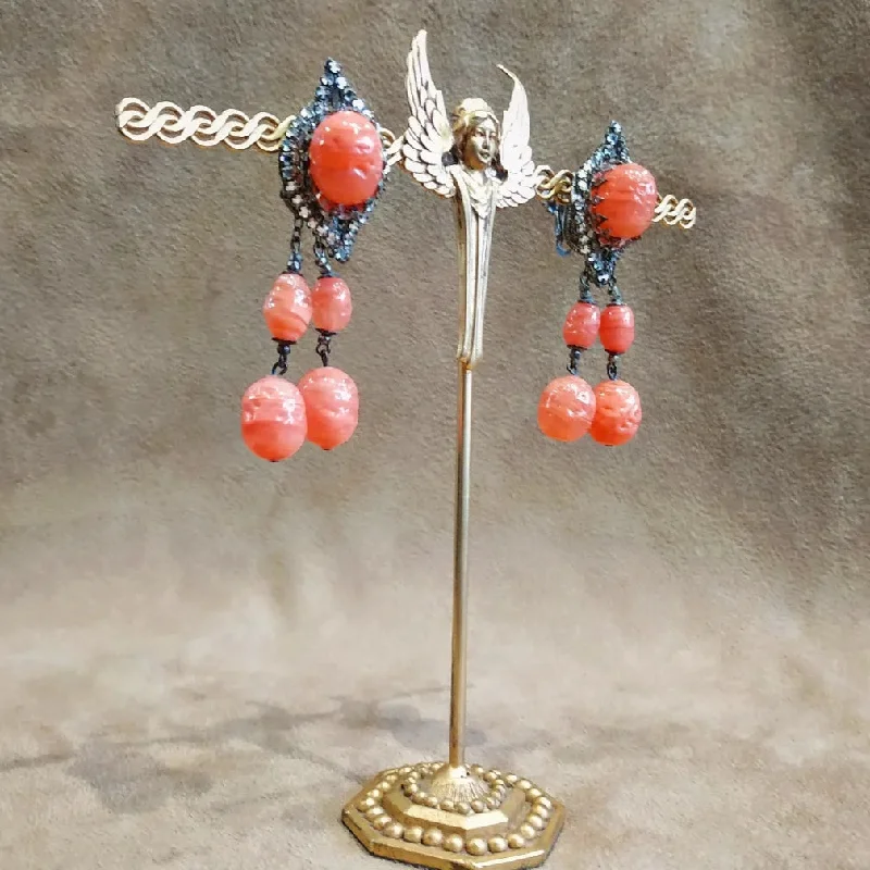 ladies gold earrings fish motifs -Miriam Haskell Coral Glass Drop Earrings