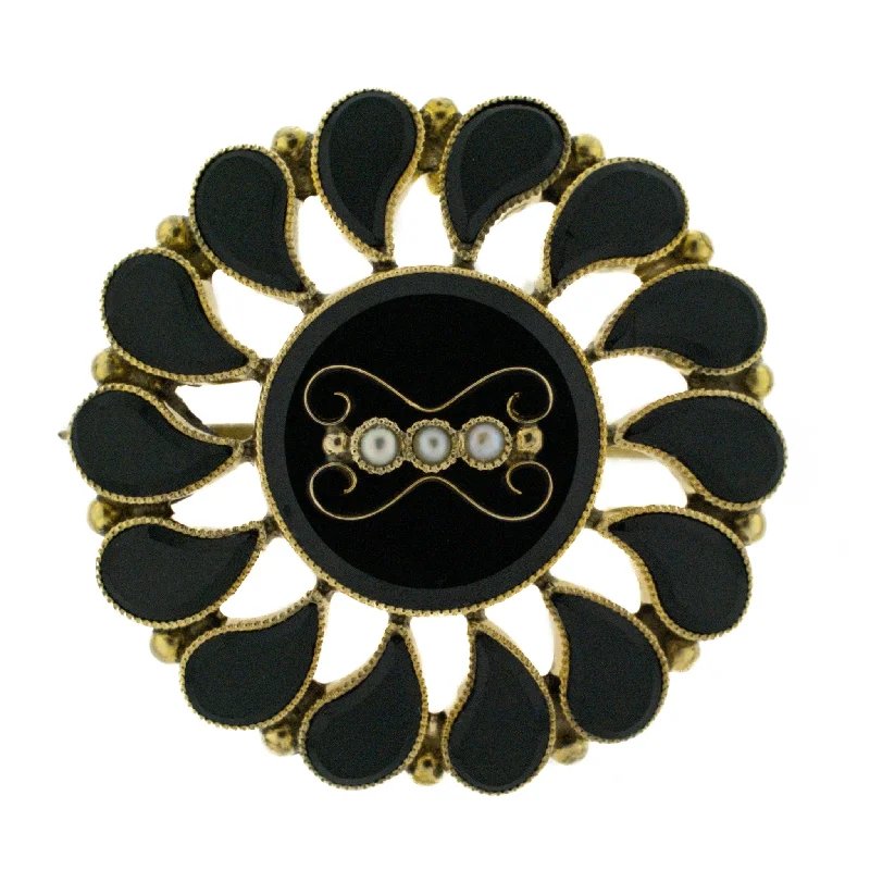 floral accent brooch for women -Vintage Onyx and Pearl Accented Brooch in 10K Yellow Gold