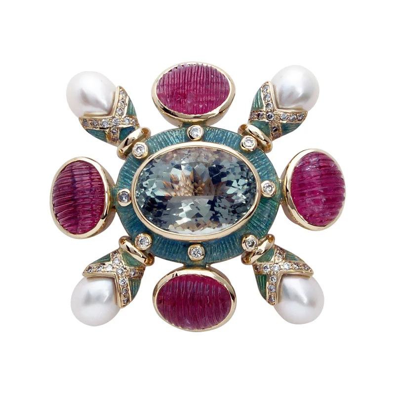 matte gold brooch for women -Brooch-Green Quartz, Rubellite, Pearl and Diamond (Enamel)