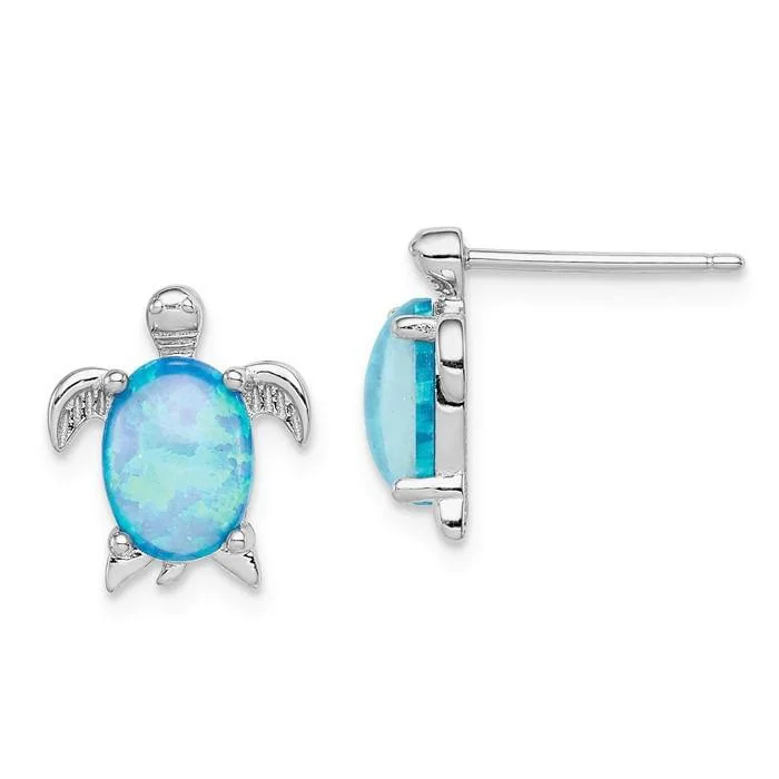 ladies gold earrings feather accents -Sterling Silver Blue Created Opal Turtle Post Stud Earrings