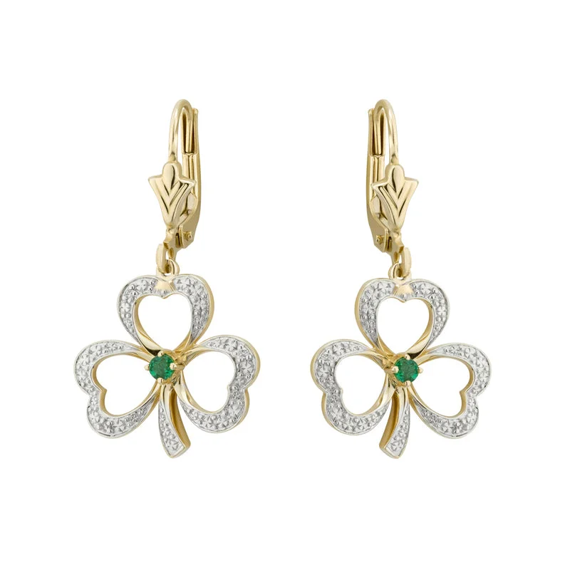 ladies rose gold earrings bar accents -14K Diamond Emerald Shamrock Drop Earrings