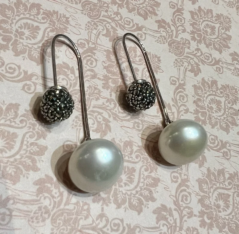 ripple texture earrings for women -Freshwater Pearl Silver Marcasite Hoop Drop Earrings