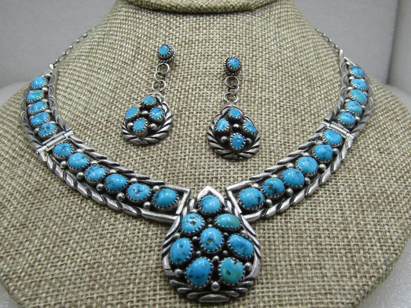 ladies silver earrings garnet stones -Vintage  Sterling Southwestern Turquoise Nugget Hinged Necklace & Earrings Set