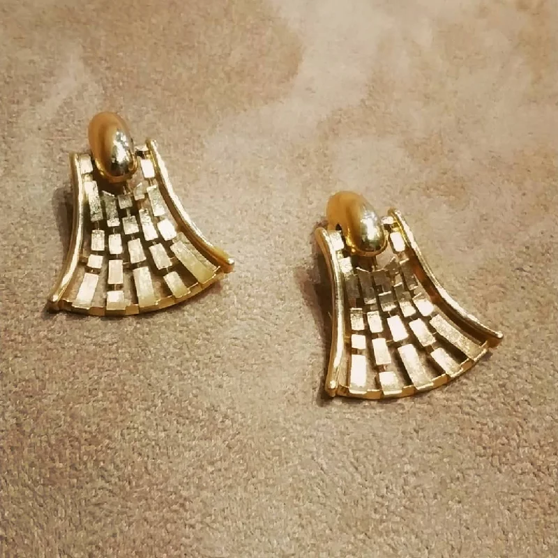 luxury gold earrings for ladies special occasions -Monet Vintage Fan Drop Gold Clip On Earrings