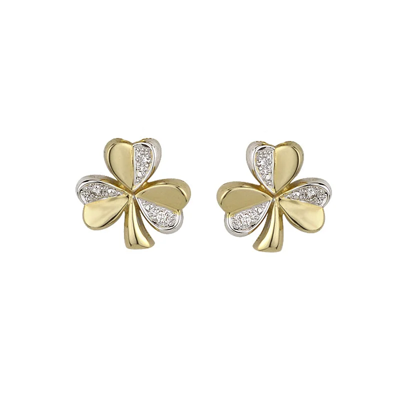 ladies rose gold earrings anniversary gift -14K Two Tone Diamond Shamrock Stud Earrings