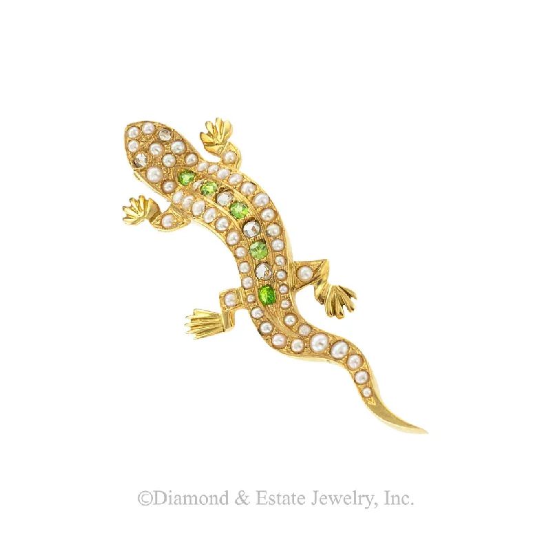 ladies rose gold brooch floral design -Antique Demantoid Garnets Pearl Rose Cut Diamond Salamander Brooch