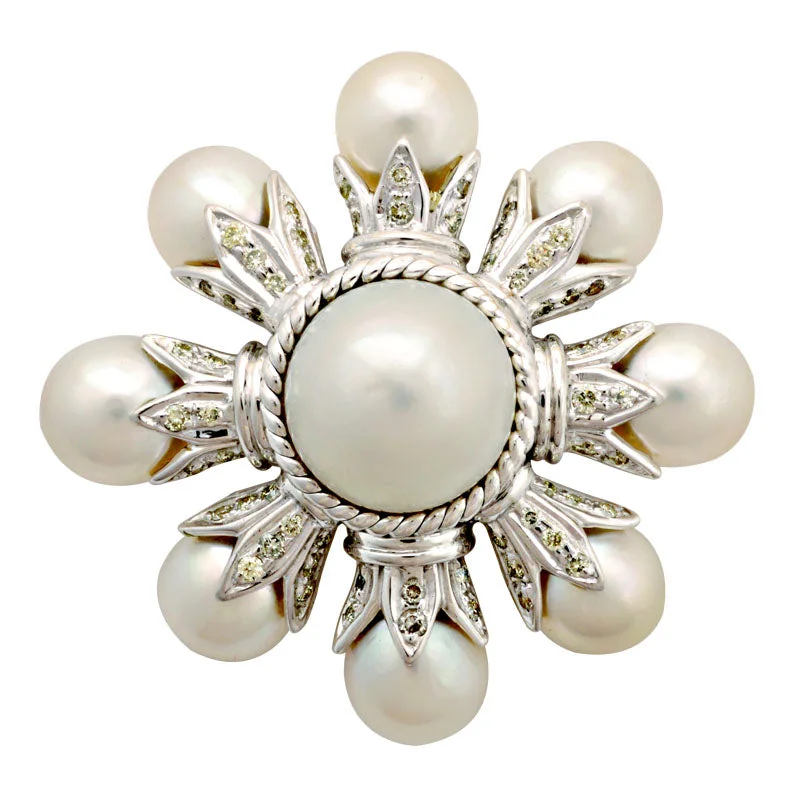 floral brooch for women vintage -Brooch-South Sea Pearl and Diamond