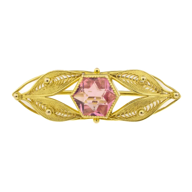 ladies silver brooch hematite stones -Pink Stone Brooch in 10K Yellow Gold