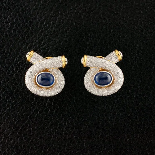 moonstone earrings for women elegant -Cabochon Sapphire & Diamond Estate Earrings