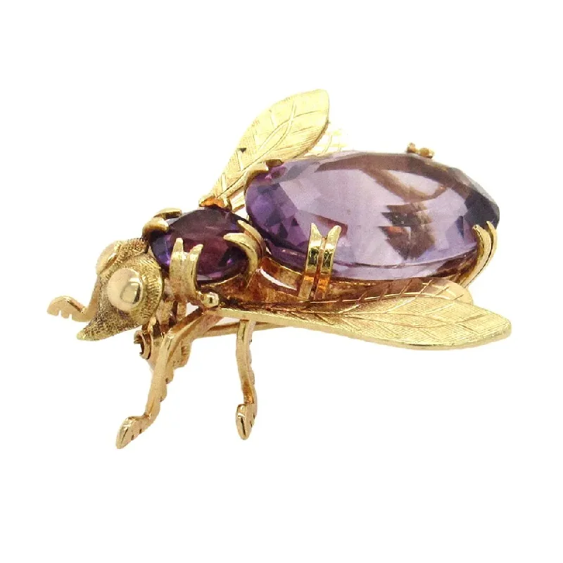 ladies silver brooch tourmaline stones -Victorian Style Amethyst Fly Brooch in 18K Yellow Gold