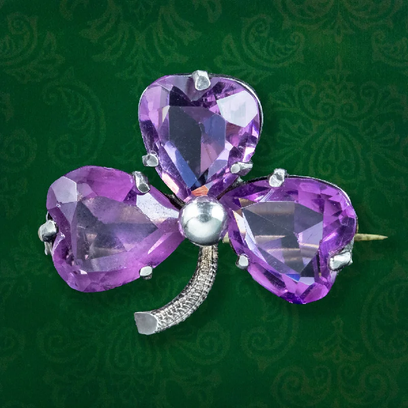 delicate floral brooch for women -Antique Edwardian Purple Paste Clover Brooch Charles Horner Dated 1902