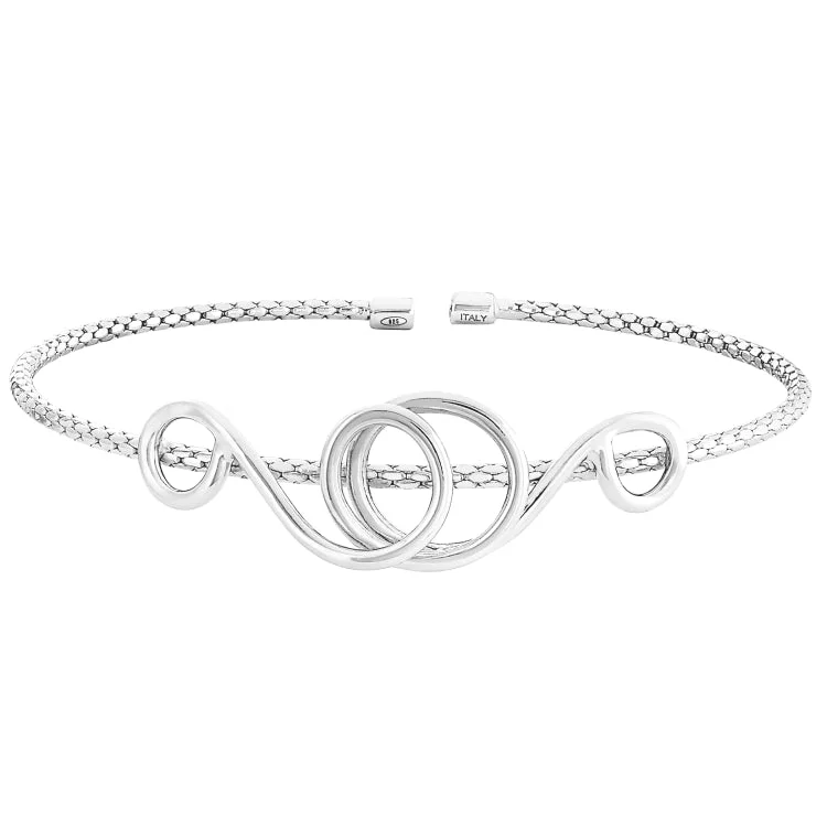 Ladies mermaid wave bracelets -Rhodium Finish Sterling Silver Corean Cable Cuff Bracelet with a High Polished Central Swirl