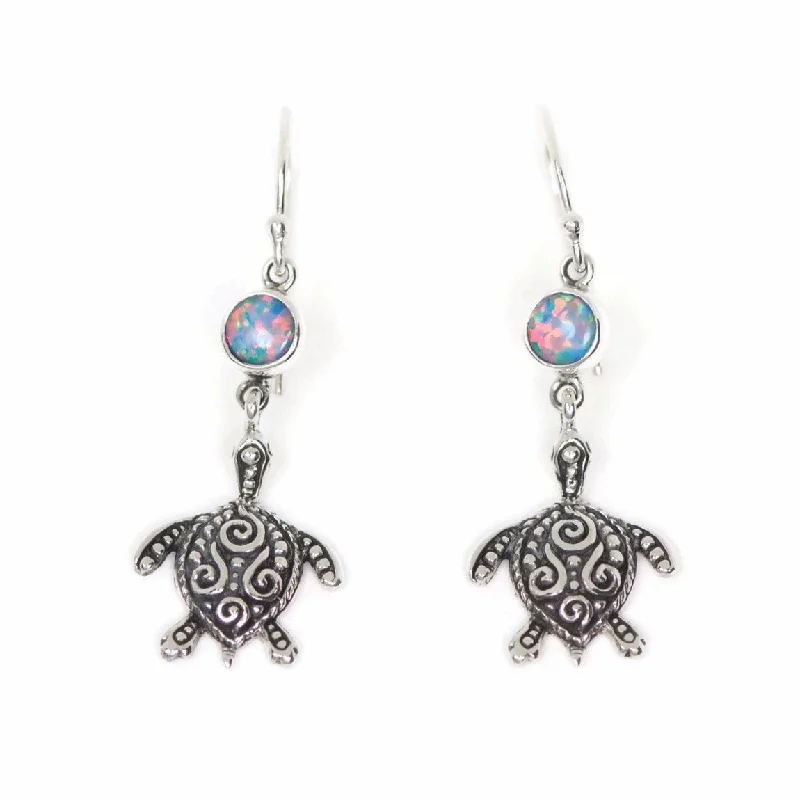 ladies gem earrings celestial themes -Sterling Silver Filigree Turtle and Opal Dangle Earrings